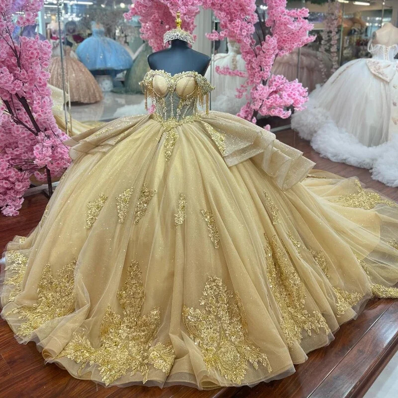 Gold Ball Gown Quinceanera Dresses Off Shoulder Applique Lace