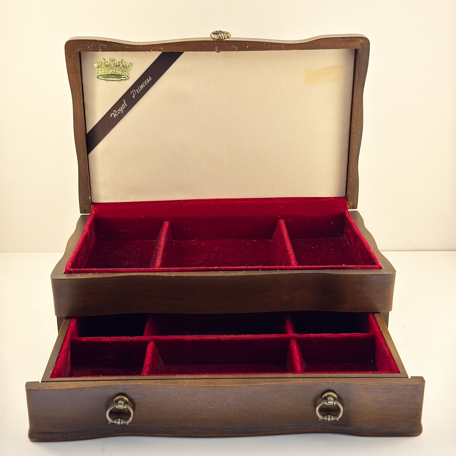 Vintage Royal Princess Wooden Jewelry Box with Red Velvet Lining  