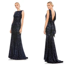 Ieena Mac Duggal Midnight Blue Black Sequin Drape Back Trumpet Gown Size 6 $398