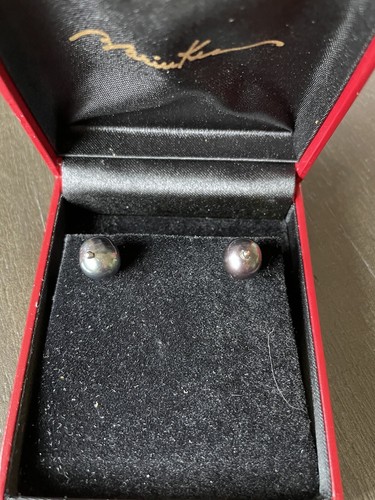 Barry Brinker 18k White Gold 10 mm Black Pearl Earrings In Original Box - Picture 2 of 5