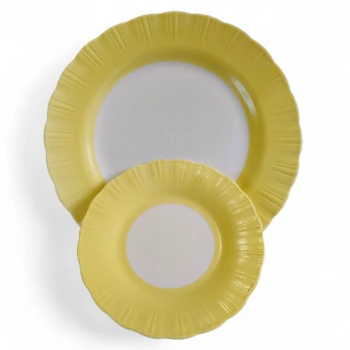 Macbeth Evans Cremax Bordette Plate Set (2) Pastel Yellow 9.25" Dinner 6" Bread