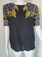 VTG 90s Women  s S Stenay Silk Beaded Sequin Floral Top Evening Glam Mob Wife