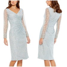 Mac Duggal NWT Webbed V-neck Illusion Sleeve Lace Sheath Dress Platinum Size 4