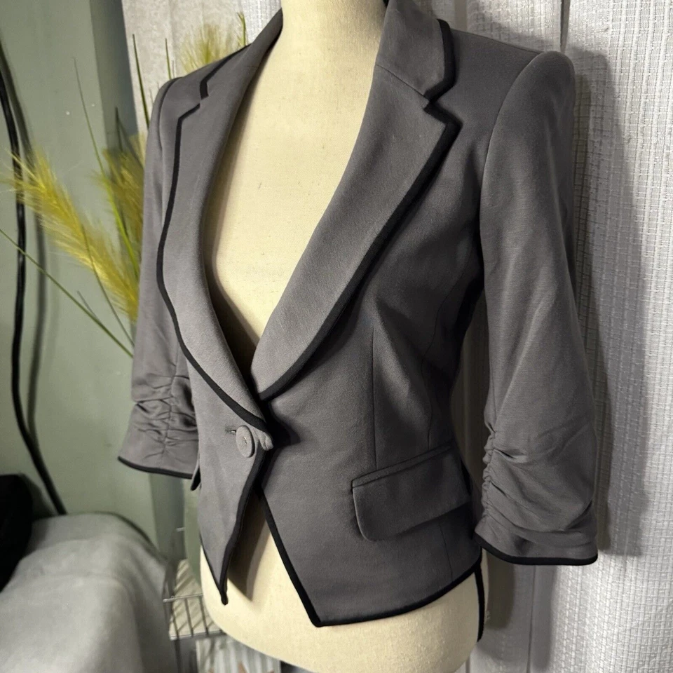 Blazer LaROK Mujer’s S Gris Acanalado Manga Larga Mantón Cuello Negro Piping Jacket Foto 3 de 4