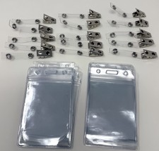 15 Vertical ID Card Tag Badge Clear Plastic Holders Protectors With Metal Clips