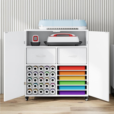 Rolling Craft Storage Cart with Drawer, Vinyl Holder & Lockable Casters
