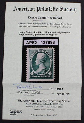 CKStamps: US Stamps Collection Scott#211 4c Jackson Mint HR OG APS Cert