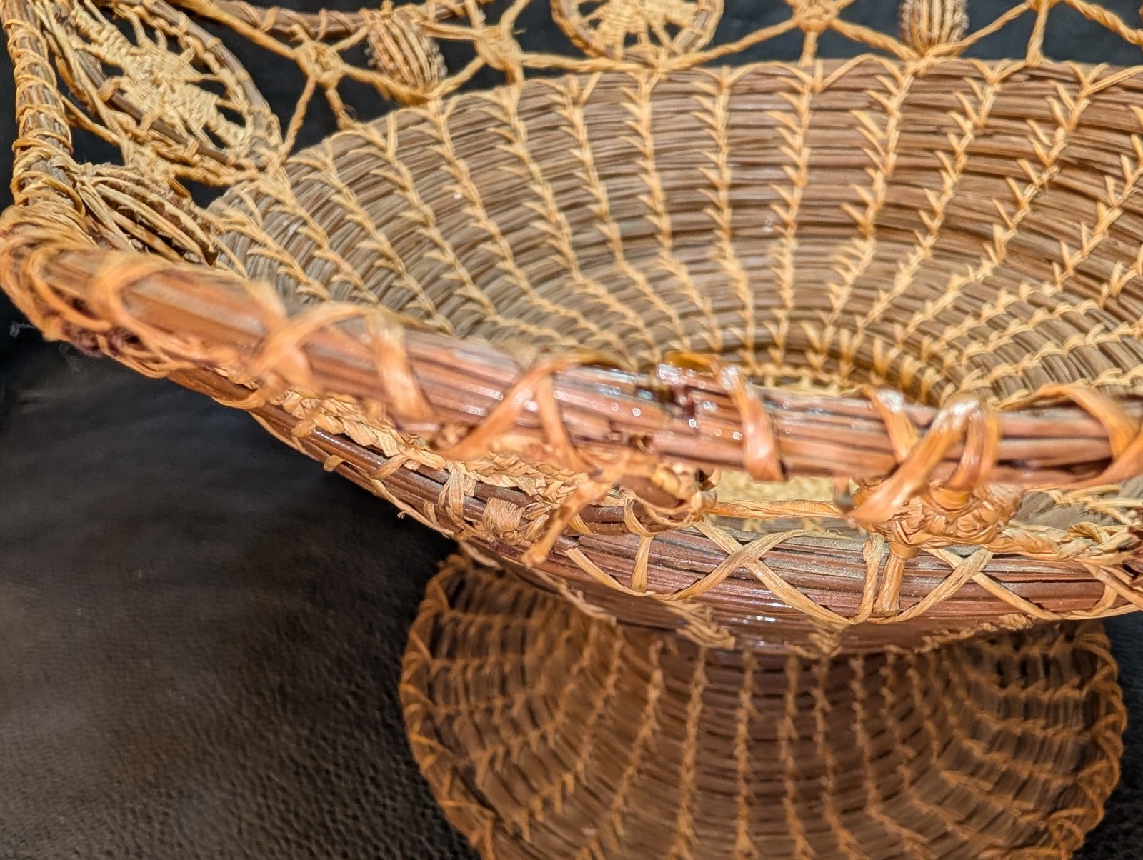 Antique American Pine Needle Basket Compote-Hand Tied- Seed Pod Accents Large 