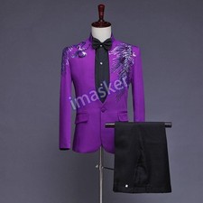 Suit Mens Dress Blazer Pants Slim Fit Rhinestone Feather Stand Collar 2PCS hOT