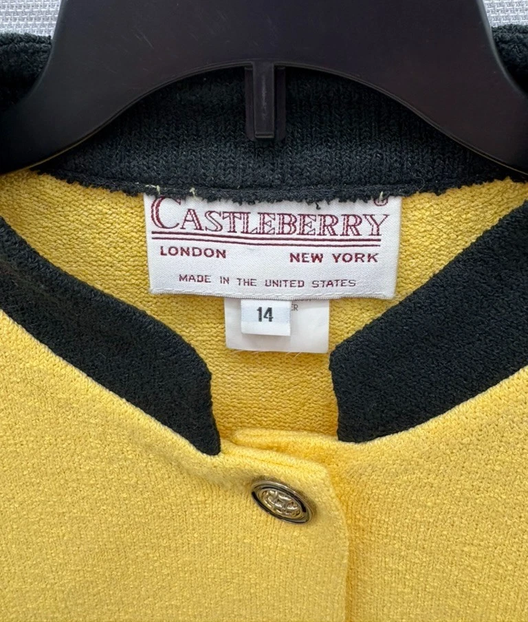 Castleberry Knit Suit Jacket Skirt Size 14 Yellow w Black Skirt/Trim Vintage USA - Image 2 of 4