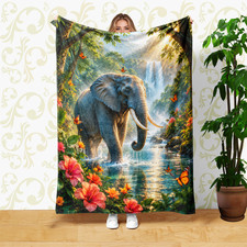 Elephant Waterfall and Butterflies Coral Fleece Blanket Tropical Flowers