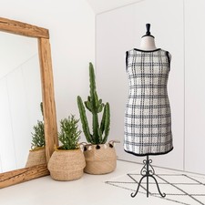 Tory Burch Women’s L Sleeveless Plaid Tweed Wool Blend Sheath Dress Ivory Black