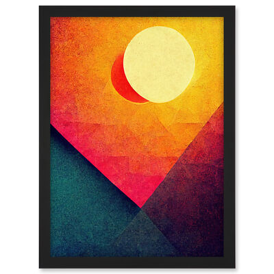 Gerahmtes Wandbild Bild Druck geometrisch Retro Sonnenfinsternis Mond Sonne Sonnenuntergang A3
