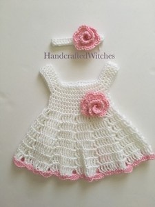 Crocheted Baby Dress Handmade Baby Outfit 0 3 Months Set Of Dress Headband Ebay