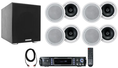 Rockville RPA60BT Home Theater Receiver Amp+(8) 8'' White Ceiling Speakers+Sub