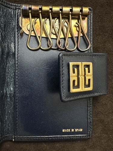 Vintage Givenchy Blue Leather Canvas Logo Wallet Key Holder Gold Hardware - Picture 6 of 10