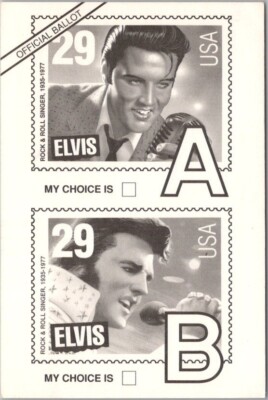 Vintage 1992 ELVIS PRESLEY Postcard USPS New Stamp Ballot - Old Vs. Young Elvis