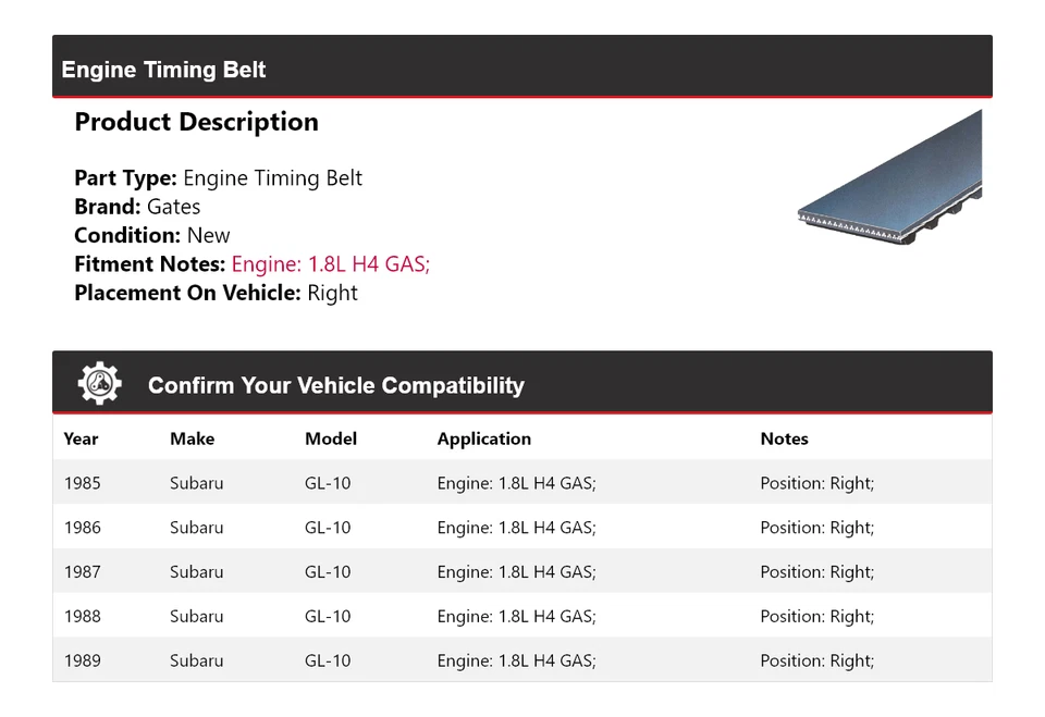 Correa de distribución de motor de gasolina para Subaru GL-10 1985-1989 1,8 L H4 puertas derechas 1986 1987 Foto 2 de 4