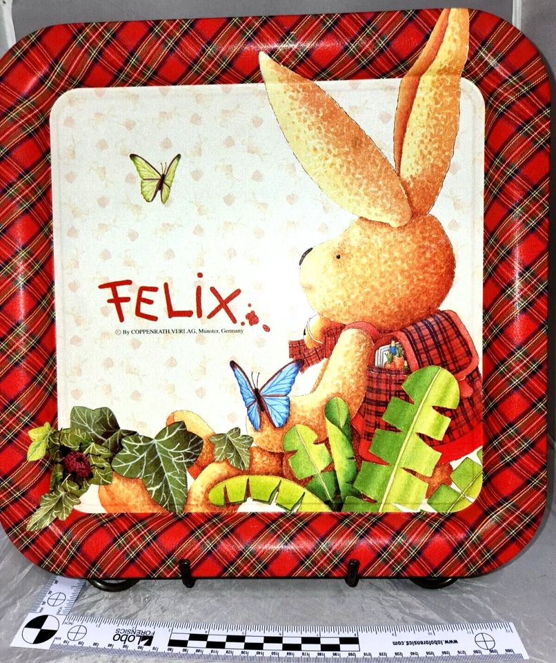 2002 German Die Spiegelberg - Red Plaid Felix Bunny Metal Tray Coppenrath Verlag