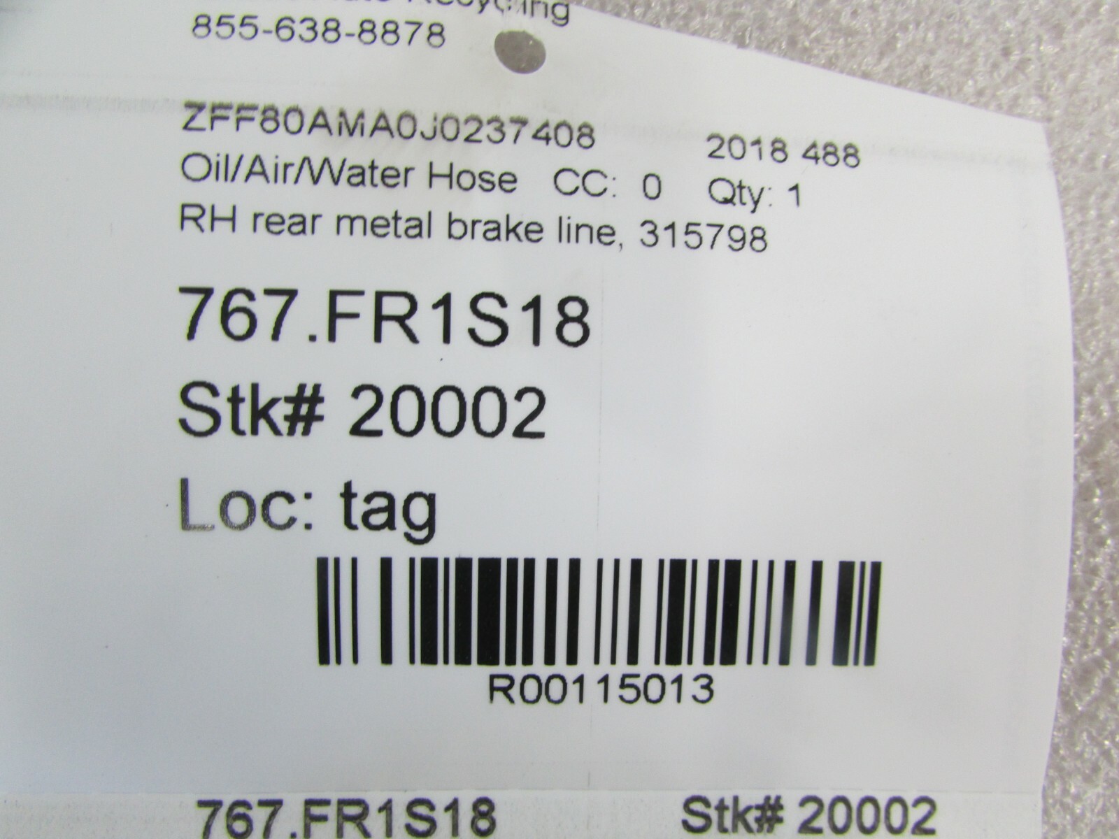 Ferrari 488, RH, Right Rear Metal Brake Line, Used, P/N 315798
