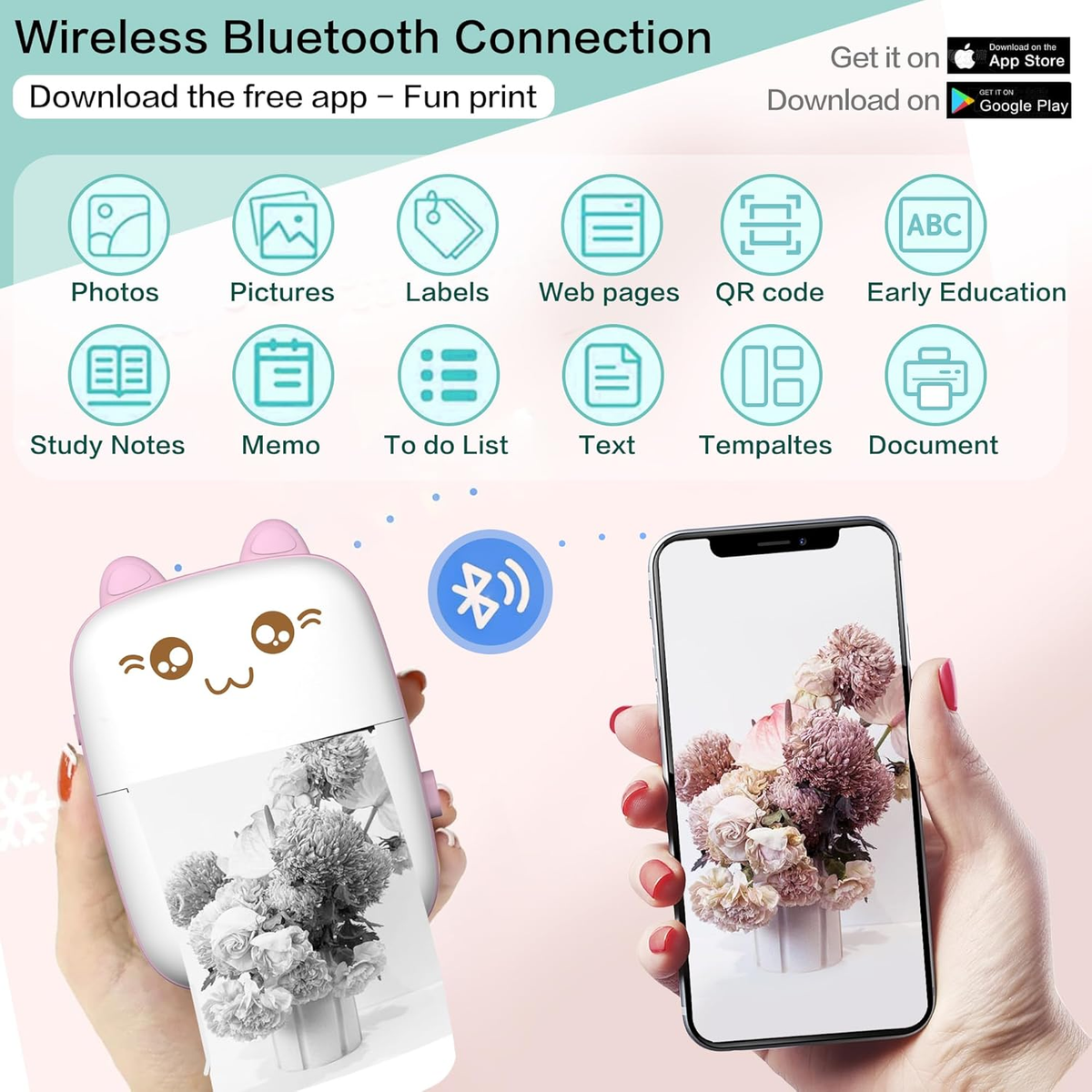 A4 Thermische Printer 200 Dpi Mini Draagbare Bluetooth Oplaadbare Inktloze Thermische Mobiele Printer Compatibel met IOS, Android, Printers Draadloos voor Reizen, Mobiel Kantoor