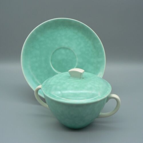 POOLE POTTERY RARE SHAGREEN CONSOMMÉ CUP COVER STAND 1930S DECO LIDDED SOUP BOWL - Picture 2 of 16
