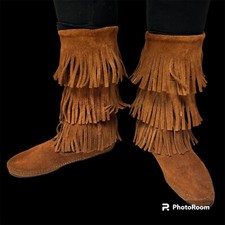 Minnetonka Moccasin 1632 Brown Suede 3 Layer FRINGE TASSEL Calf Hi FESTIVAL Boot