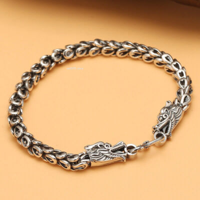 Real 925 Sterling Silver Bracelet Men 6mm Dragon Head Phoenix Tail Link 