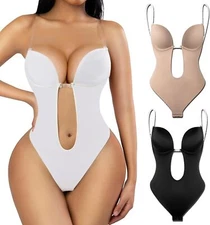 V-Neck Backless Body Shaper Bra for Women U Plunge Thong Bodysuits
