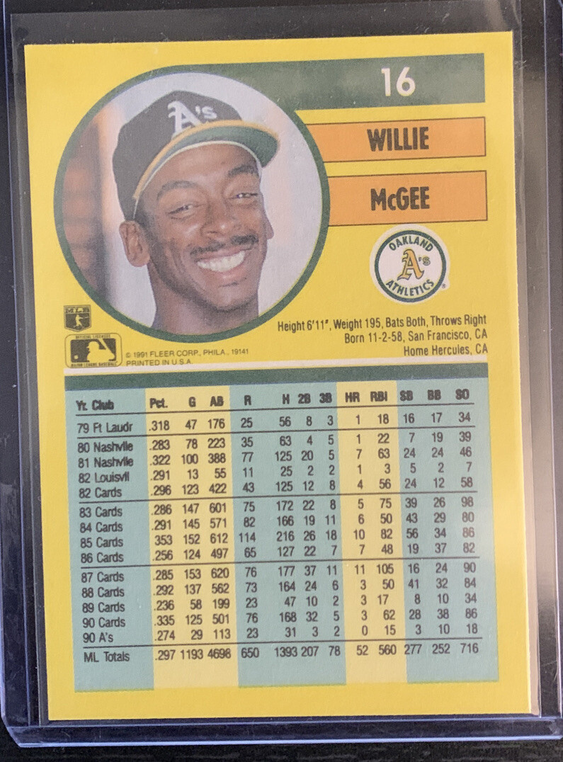 Willie McGee ERROR CARD Fleer 1991 RARE MINT *Height 6'11
