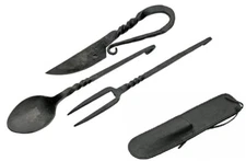 Forged Medieval eating utensils feasting set spoon fork knife w/ pouch. HS-7885