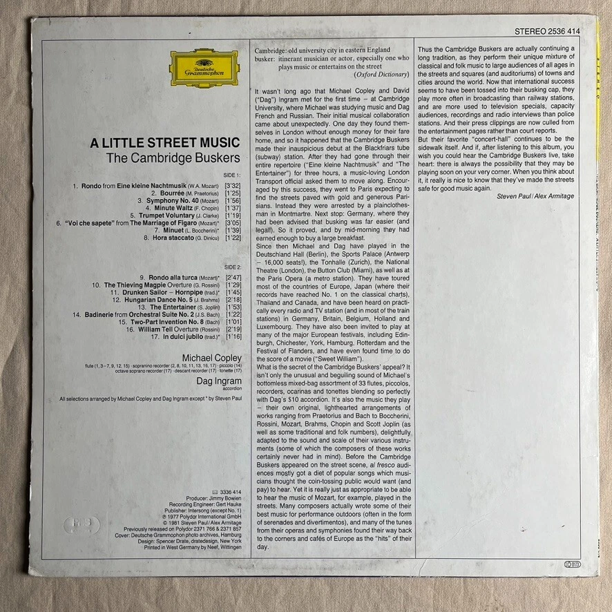 THE CAMBRIDGE BUSKERS A Little Street Music 1981 LP Deutsche Grammophon - VG+ - Image 2 of 4