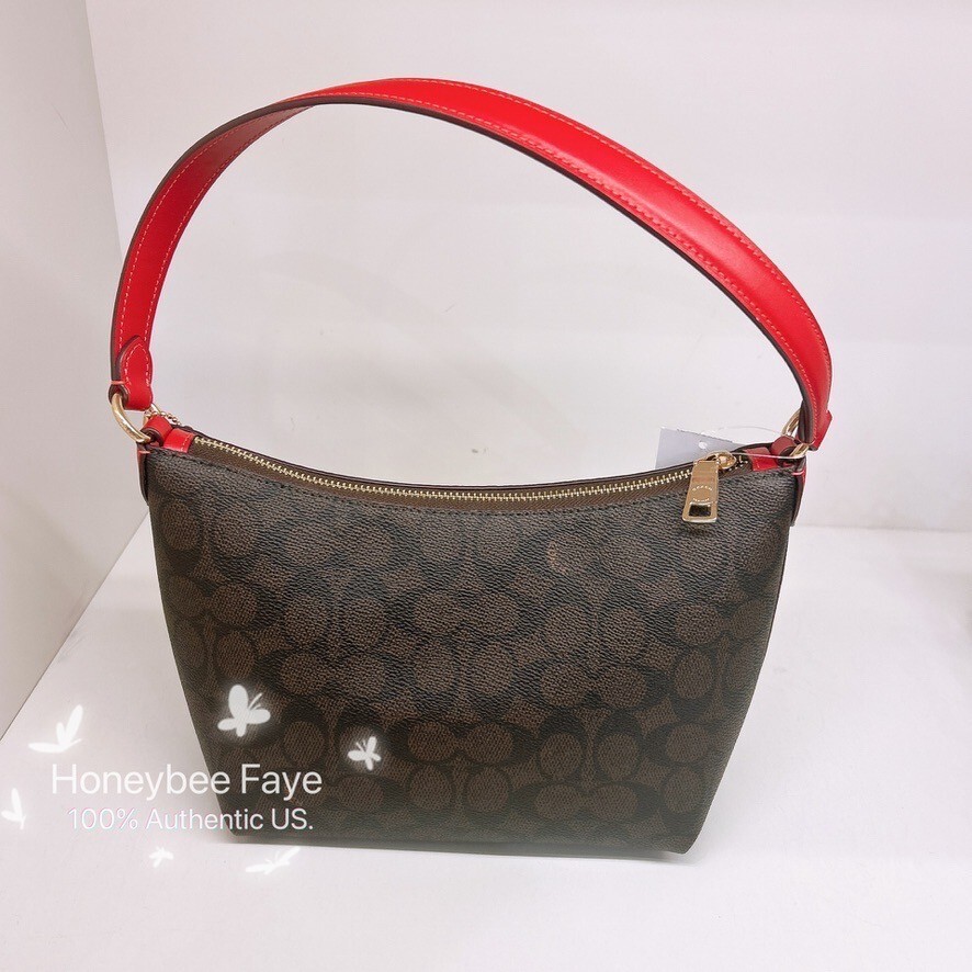 バッグ Coach Shoulder Bag Signature Canvas Red Coach Signature Red Canvas Leather Shoulder Bag with Charm