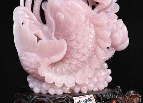 16" Old Chinese Naturally Pink Xiu Jade Craving Fengshui Fish Animal Sculpture - Picture 9 of 15