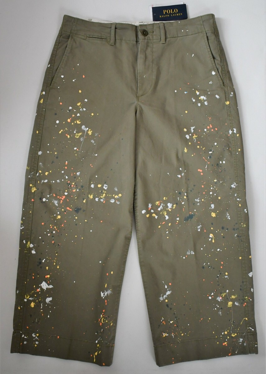 NEW POLO RALPH LAUREN Green PAINT SPLATTER Cotton Cropped CHINO