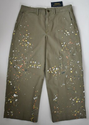 NEW POLO RALPH LAUREN Green PAINT SPLATTER Cotton Cropped CHINO