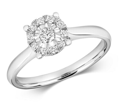 Diamond Illusion Solitaire Ring 9ct White Gold 375 Hallmark Sizes