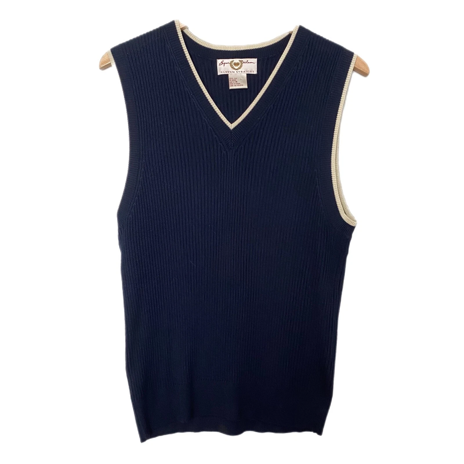 Byron Nelson Eleven Straight Men's 100% Spun Silk Ribbed Navy V Neck Vest M