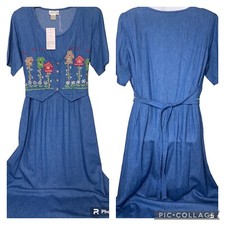 Vintage Denim Maxi Dress Size XL Embroidered Vest Cottage Garden Party Tie Back