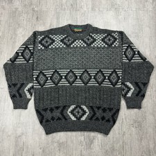 VTG 90S MENS ABSTRACT GEOMETRIC GRANDPA SWEATER GREY BLACK PULLOVER SIZE XL