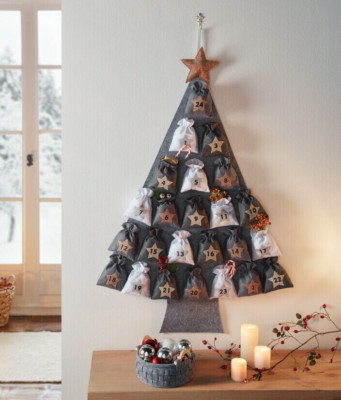 Adventskalender XL Glitzer Sterne Deko Advent Tanne Filz 24 Stoffbeutel H.115 cm