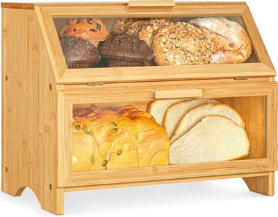 Doppellagiger Brotkasten aus Bambus für Küche, Aufbewahrungsbox aus Holz