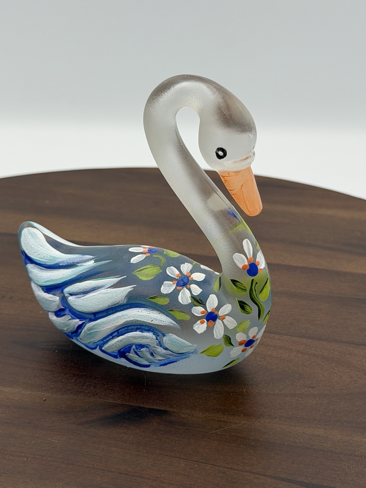Fenton Glass One-of-a-Kind Satin Clear Swan w/ Florals HP by M. Caplinger