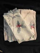 Christmas Winter Pine Branches/Holly Off White Jacquard Fabric Napkins Set of 8