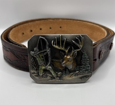 Vintage Bergamot Bowhunter Reward Pewter Belt Buckle Leather Western Tooled USA