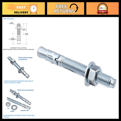1/4 inch x 2-1/4 inch - 40 Pieces Wedge Anchor Zinc Plated Heavy Duty Fastener f