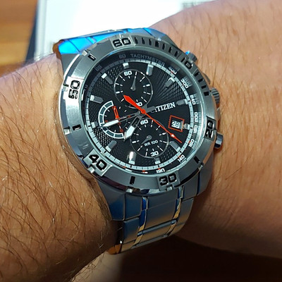 Citizen Herren Chronograph Quarz Edelstahl schwarz Tachymeter WR100 671215526