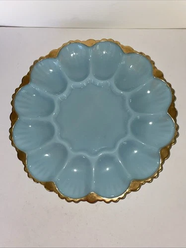 Vintage Anchor Hocking Delphite Blue Deviled Egg Serving Dish Plate Easter