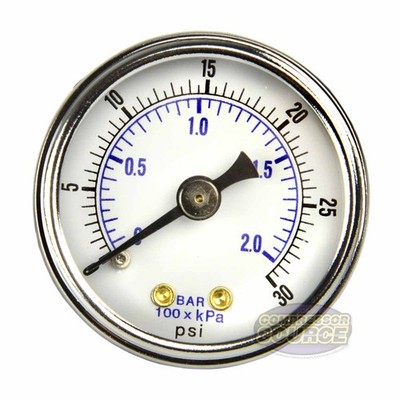 1/8'' NPT Air Compressor / Hydraulic Pressure Gauge 0-30 PSI Back Mount 1.5'' Face