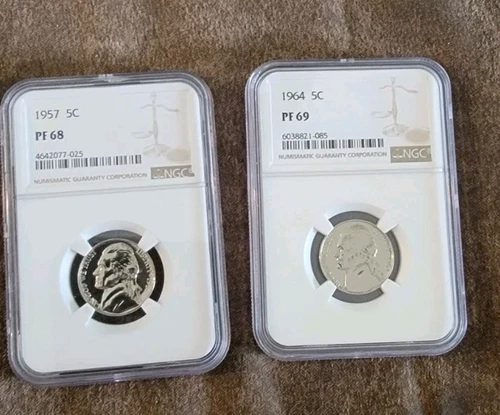 Lot of 2 1957 and 1964 Jefferson Nickel NGC PF 68 and PF 69